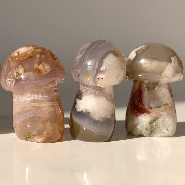 flower agate carved crystal mushrooms genuine semiprecious gemstone mushroomcore forest fairy foraging aesthetic gifts