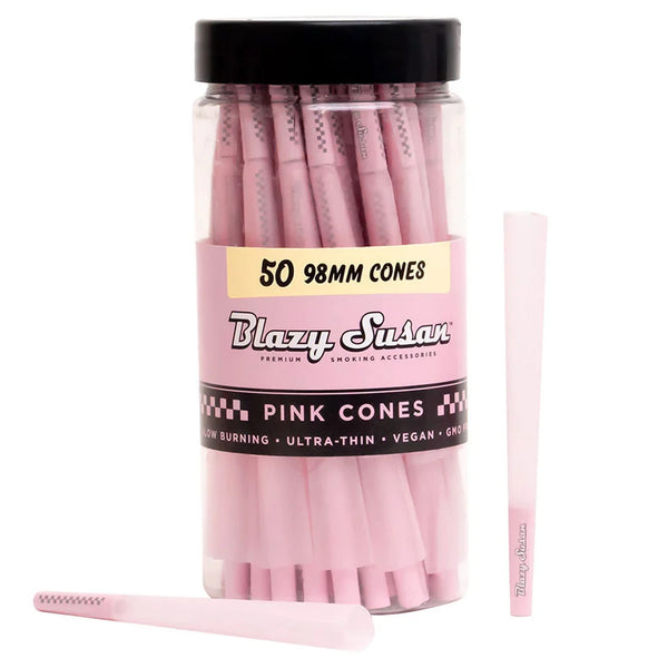blazy susan pre rolled pink paper cones with filter board tip 98mm 50 count canister vegan gmo free slow burning made from wood pulp