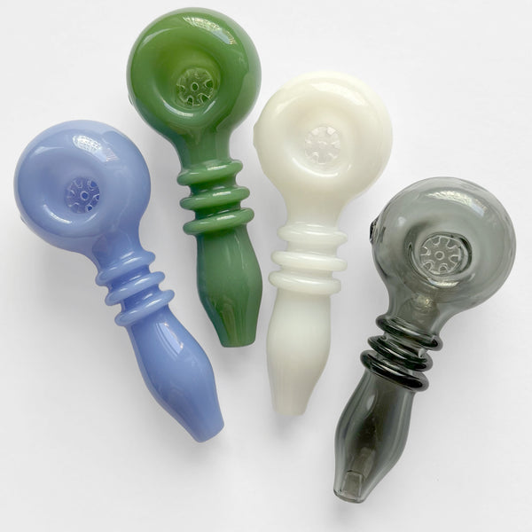 bright colored glass hand pipe with glass filter in the bowl colors periwinkle jade green white and graphite black