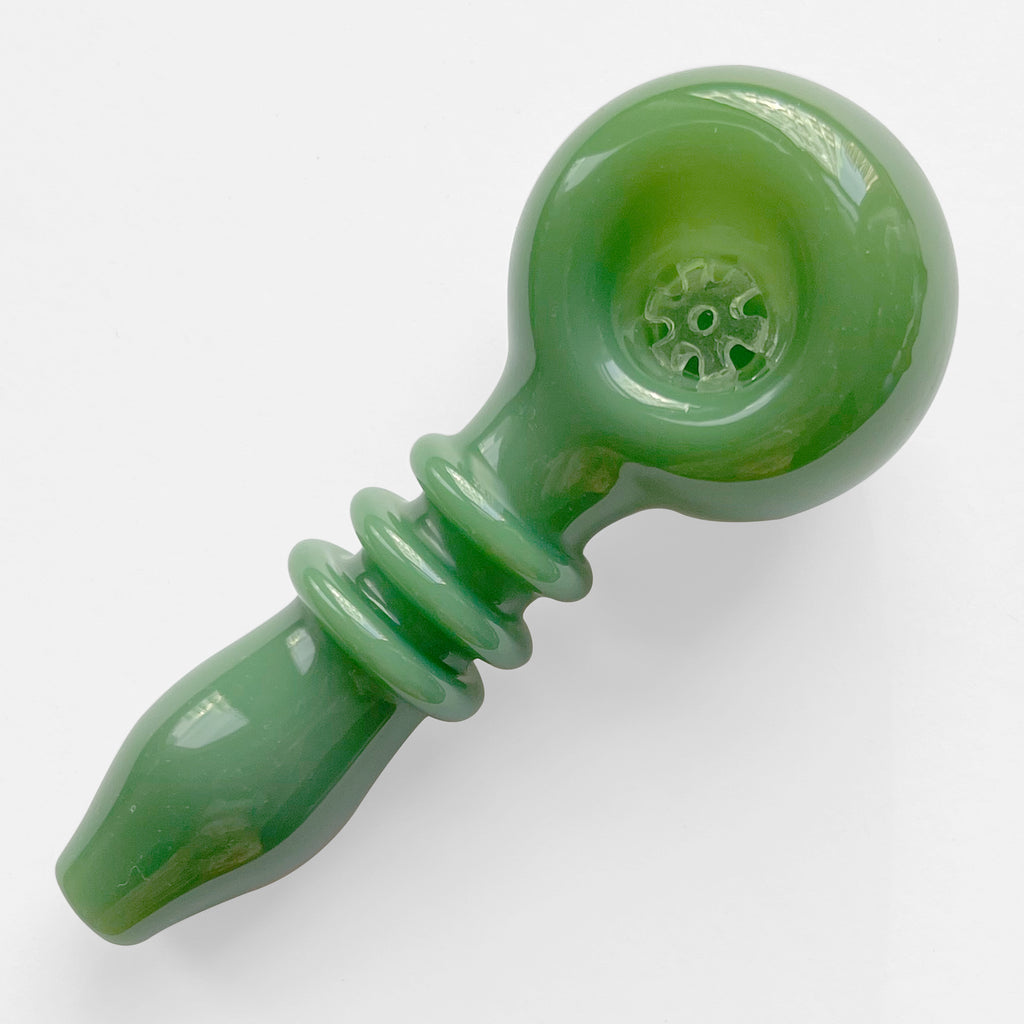 jade green colored glass hand pipe with glass filter in the bowl 