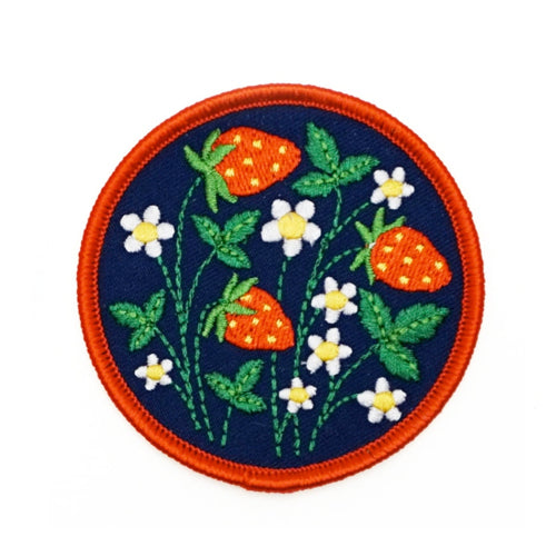 Embroidered strawberry iron on patch strawberries flowers leaves red navy white blue yellow vintage style